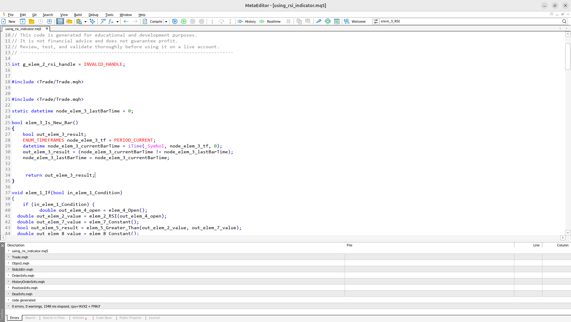 PipWires MQL5 code preview generated from a visual trading strategy